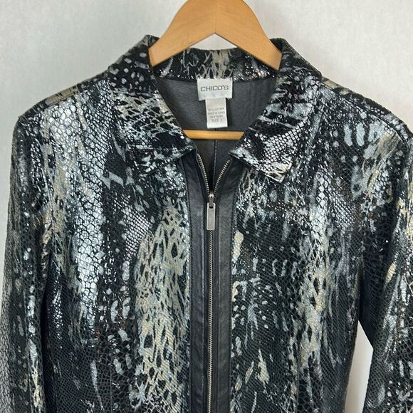 Chico's Leather Snake Print Jacket Sz 1 (Medium, Sz 8) Silver Animal Snakeskin S - Picture 2 of 11